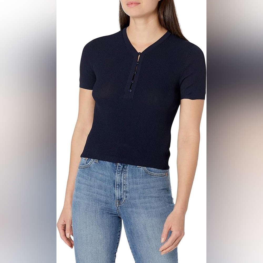 Ribbed Short-Sleeve Henley Top in Navy